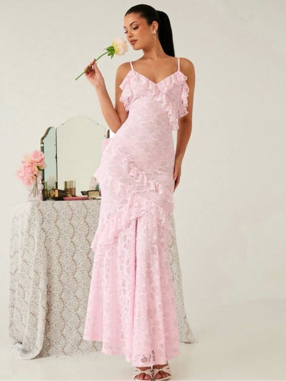 Stretchy Pink Lace Maternity Dress